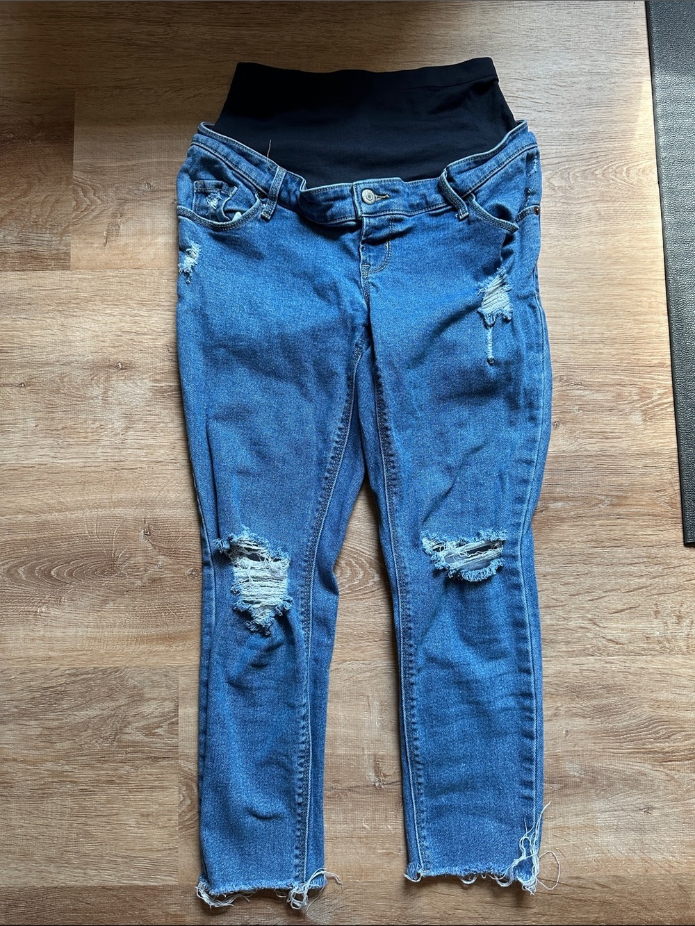 Old Navy Blue Distressed Maternity Skinny Jeans with Black Band